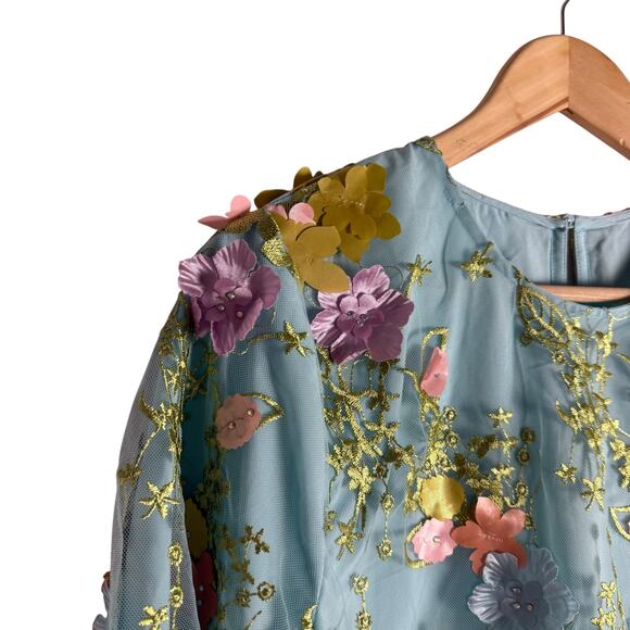 Mestiza Flora Blue 3D Floral Appliqué Flare Sleeve Cocktail Mini Dress Size M - Picture 6 of 16